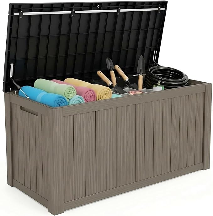 180 Gallon Resin Deck Box with Lockable Lid - Outdoor Waterproof Storage for Patio Furniture, Garden Tools, Cushions & Pool Accessories, All-Weather Wood Grain Design