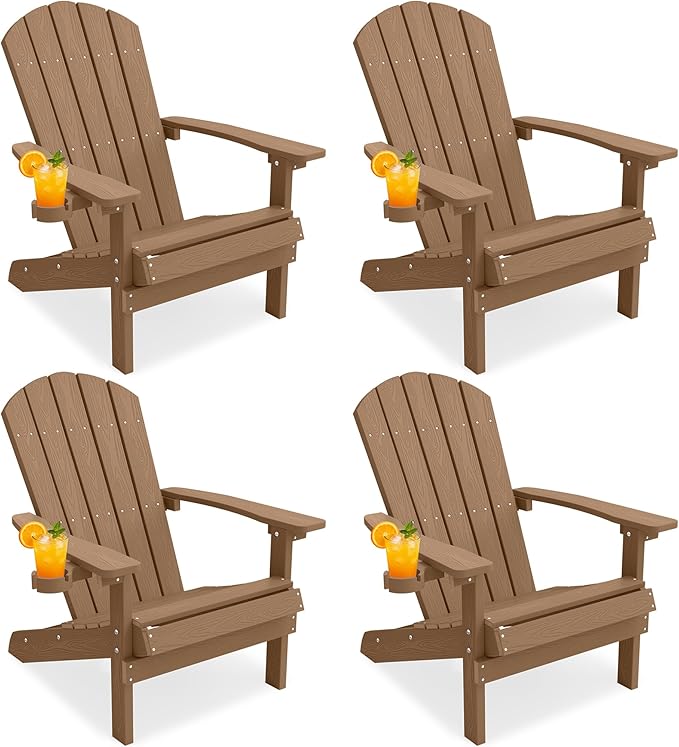 YEFU Adirondack Chairs Set of 4: Outdoor Chair HIPS Plastic Adirondack Chairs - Patio Chairs with Cup Holder & Wood Texture - Lawn Fire Pit Deck Porch Garden Chairs for Adults (Teak)