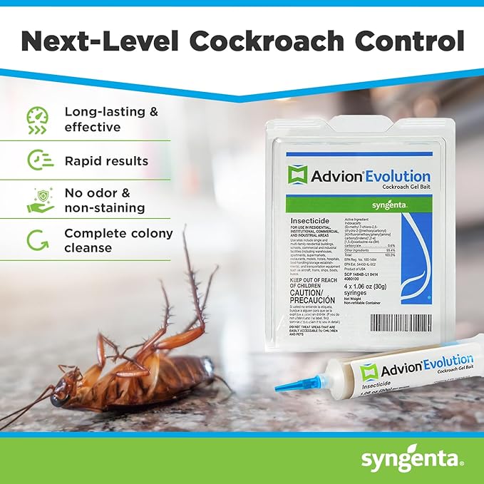 Advion Evolution Cockroach Gel Bait, 4 Tubes x 30-Grams, 1 Plunger and 2 Application Tips, Formulated with Indoxacarb, Enhanced Formulation, Ready-to-Use Roach Killer for Indoor and Outdoor Use