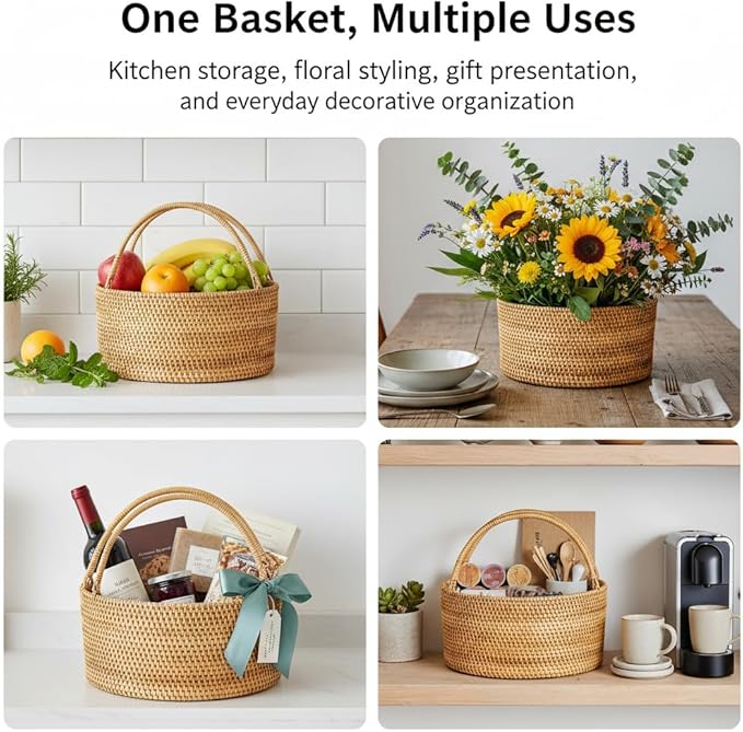Handwoven Rattan Storage Basket with Handles, Natural Wicker Decorative Basket for Kitchen Counter, Pantry Organization, Floral Arrangement, Gift Packaging & Home Decor