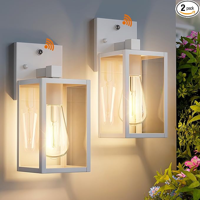 2 Pack White Dusk to Dawn Front Porch Lighting Fixtures Wall Mount, Sensor Outside Exterior Lights for House, Outdoor Lantern Lamp, Waterproof Wall Sconce Lights, Coach Light for Garage Entryway