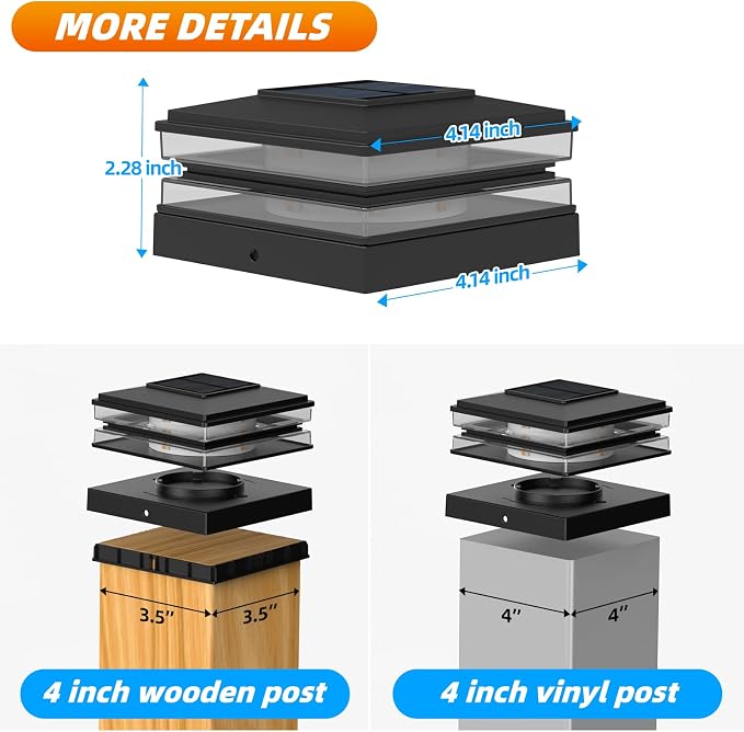 EXCMARK 4x4 Solar Post Cap Lights Outdoor Waterproof 12 Pack Fence Deck Post Lights with High-Brightness LEDs, Dual Light Modes Warm White & Cool White. (Classic Black, 12)
