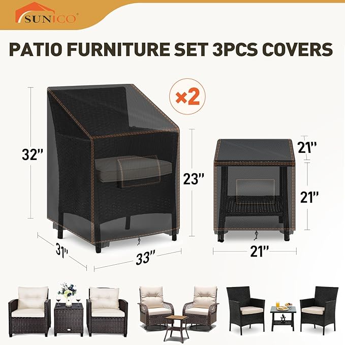 SUNICO 3 PCS Outdoor Furniture Covers, Patio Set Covers 420D Waterproof, Fit Patio Furniture Outdoor Bistro Set for 2 Chairs and Side Table, Black