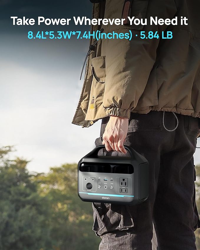 DARAN Portable Power Station 300W(600W Peak), 192Wh LFP Battery, Solar Generator w/2 AC Outlets, USB-C PD 60W, LED Light, Power Bank for Camping, RV, Travel, Home Emergency(Solar Optional)