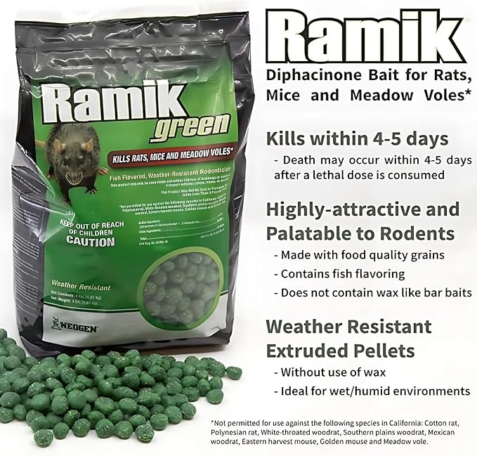 Neogen Ramik Green Fish Flavored Weather Resistant Rodenticide Nuggets,4 lb Bag (00615),(Pack of 4)