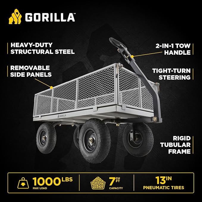 Gorilla Carts Steel Utility Garden Cart, 1,000-Pound Capacity, Gray - Heavy-Duty Outdoor Wagon with Removable Sides, 13-Inch Pneumatic Tires, and Convertible Pull or Tow Handle