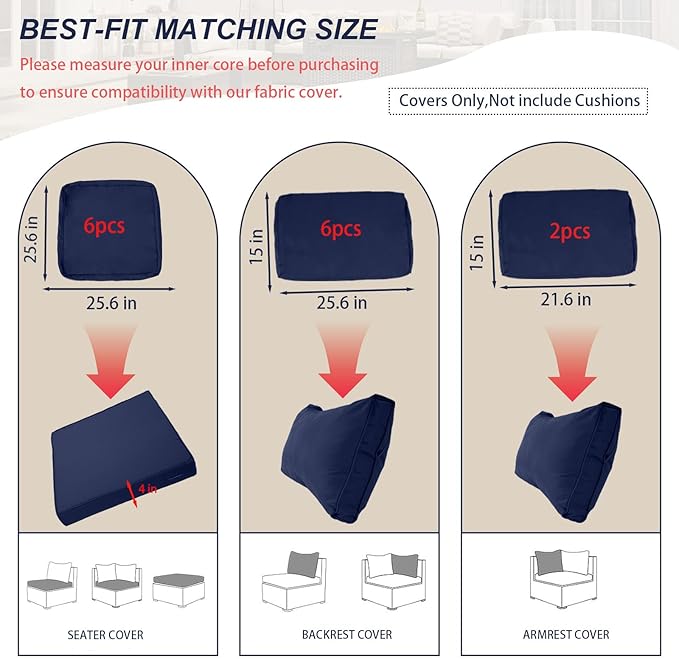 Outdoor Cushion Covers for Patio Furniture, Patio Cushion Covers Replacement with Zipper, Waterproof & Fade Resistant,Only Cover (Navy Blue, 25.6Lx25.6Wx4H - Only Covers)