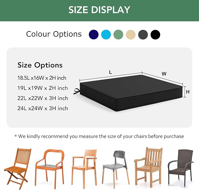 Outdoor Chair Cushions Set of 2: Waterproof & Color Fastness Seat Cushion for Patio Furniture - 22 x 22 x 3 Inch Chair Pads with Ties and Hidden Zipper - Patio Chair Cushion Replacement, Black