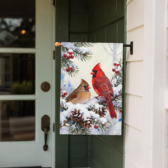 Winter Cardinal House Flag 28x40 Inch Pinecone Holly Christmas Snow Scene Holiday Decorative Garden Flags for Outside Double Sided Seasonal Outdoor Home Farmhouse Decoration Yard Porch Decor