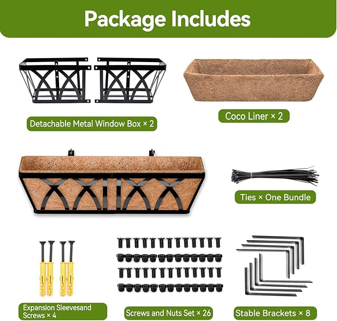 Halatool 24 Inch Heavy-Duty Metal Deck Railing Planter Box, 2 Pack Rust-Resistant Rectangular Window Boxes Planters with Coco Liner & Adjustable Brackets, Grow More On Your Balcony, Patio & Fence