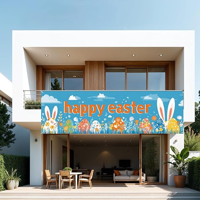 10x3 ft Extra Large Happy Easter Banner Outdoor 115''x35'' Cut Rabbit Banner for Fence Outside Garden Large Bunny Banners Yard