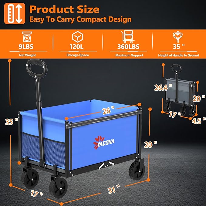 YACONA 3 in 1 Wagons Carts Foldable, 360LBS Lightweight Wagon with All Terrain Wheels, Collapsible Wagon Cart for Grocery, Camping, Beach, Garden & Sports