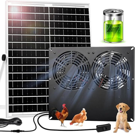 25W Metal Frame Solar Powered Fan with Battery, IP65 Waterproof Solar Exhaust/Intake Fan for Chicken Coop, Greenhouse, Dog House and Shed, Low Noise