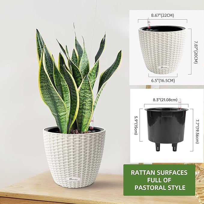 Dexceder 9x8 Inches Rattan Self Watering Planter Indoor Outdoor, Inner Pot Design, Thickened Table Flower Plant Pot with Water Level Indicator (Ivory White) | Inner Pot Design, Thickened Table Flower Plant Pot with Water Level Indicator Indoor Outdoor