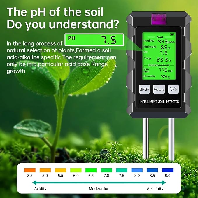 LDOPTO 6-in-1 Soil Moisture Meter, Soil Test kit with Moisture/pH/Temperature/Sunlight/Air Humidity/Fertility, Soil Tester for Farming, Gardening and Outdoor Plants (2*AAA Battery Needed)