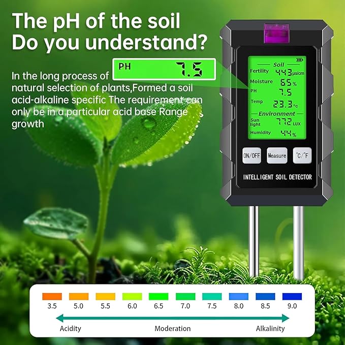 6-in-1 Soil Moisture Meter, Soil Tester for Plants with Soil Moisture, PH Meter, Temperature, Sunlight, Fertility, Environmental for Farming, Gardening (2*AAA Battery Needed)