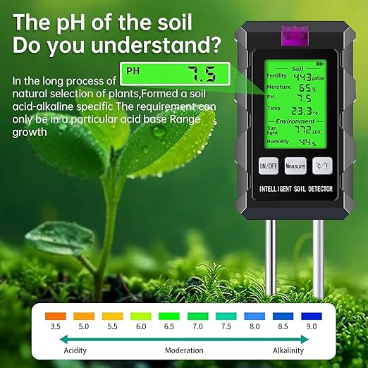 Soil Test Kit, 6-in-1 Soil Moisture, PH, Fertility Meter with Digital Soil Temp, Air Temp and Humidity, Dual Screen Tester for Plants, Lawn, Farm, Indoor and Outdoor(2*AAA Battery Needed)