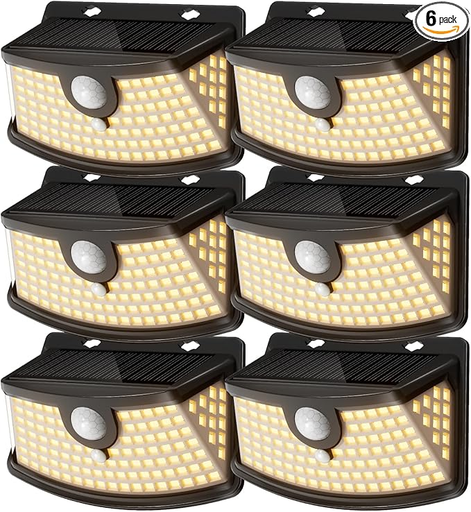 Aootek New Solar Motion Sensor Lights 120 LEDs with Lights Reflector,270° Wide Angle, IP65 Waterproof, Step Lights for Front Door, Yard, Garage, Deck (Black, Warm White, 6-Pack)