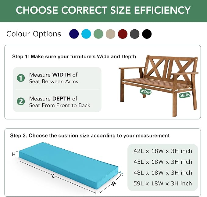 Summsun Outdoor Bench Cushion: Waterproof and Fade Resistant Patio Furniture Cushions - Non-Slip Bench Pad Cushion with Removable Cover for Garden Swing Porch Sofa Settee, 42 x 18 Inch, Teal