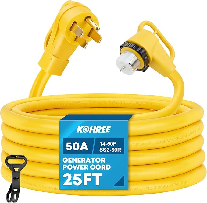 UL Listed 25 Feet 50 Amp Generator Extension Cord, NEMA 14-50P Male to SS2-50R 6/3+8/1 AWG 125/250V Heavy Duty Generator Power Cable with Twist Lock, Connectors for Generator to House