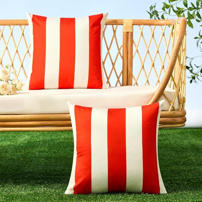 Allorry Outdoor Pillow Covers 20x20 Set of 2 Orange Red Striped Decoration Throw Pillow Covers for Spring Summer Outdoor Waterproof Garden Patio Furniture Sofa Bed Home Decor JB007-G20