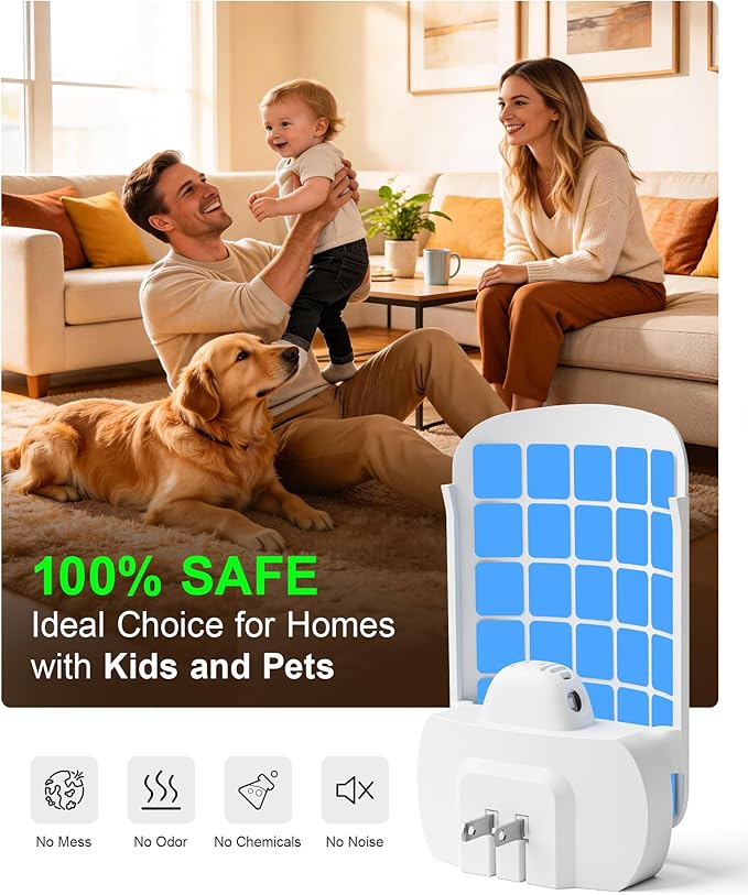 Plug-in Flying Insect Trap for Indoors, Fly Trap for Fruit Flies, Gnats & House Flies, UV Light Indoor Bug Catcher for Home, Kitchen, Silent & Mess-Free Alternative to Bug Zapper, 1 Device 2 Refills