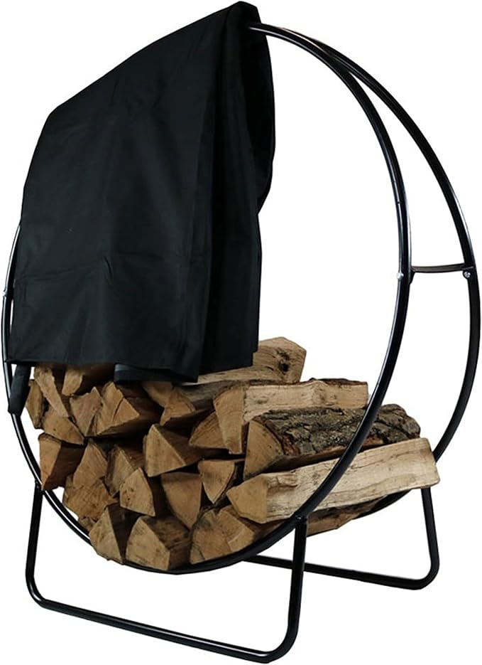 Sunnydaze 48-Inch Firewood Rack with Cover - Black Indoor Firewood Holder - Log Holder Hoop and Cover Set - 700-lb Capacity