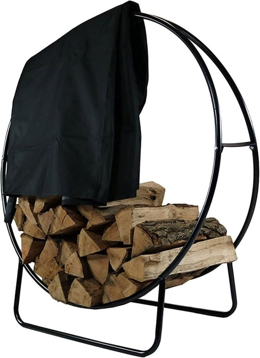 Sunnydaze 48-Inch Firewood Rack with Cover - Black Indoor Firewood Holder - Log Holder Hoop and Cover Set - 700-lb Capacity