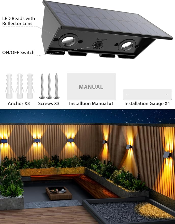 Solar Fence Lights Outdoor,12Pack Solar Wall Lights Up and Down Waterproof Brighter LED Focus Lens Dusk to Dawn Fence Lights Solar Powered for Patio/Backyard/Porch/Railing/Step