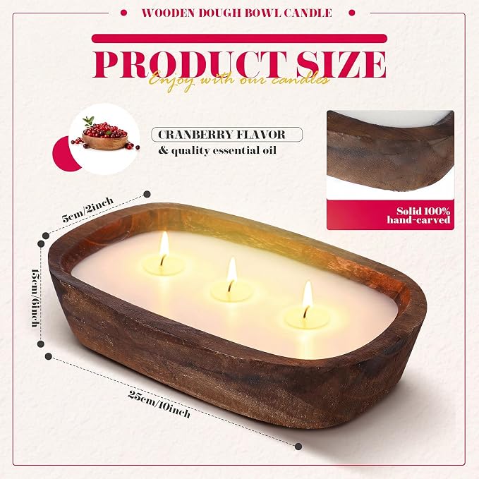 Threlaco 1 Pack 10 Inch Wood Dough Bowl Candles Home Rustic Dough Bowl Soy Candle 3 Wick Scented Candles Gifts for Men Women Farmhouse Table Centerpiece Home Decor for Christmas(Cranberry)