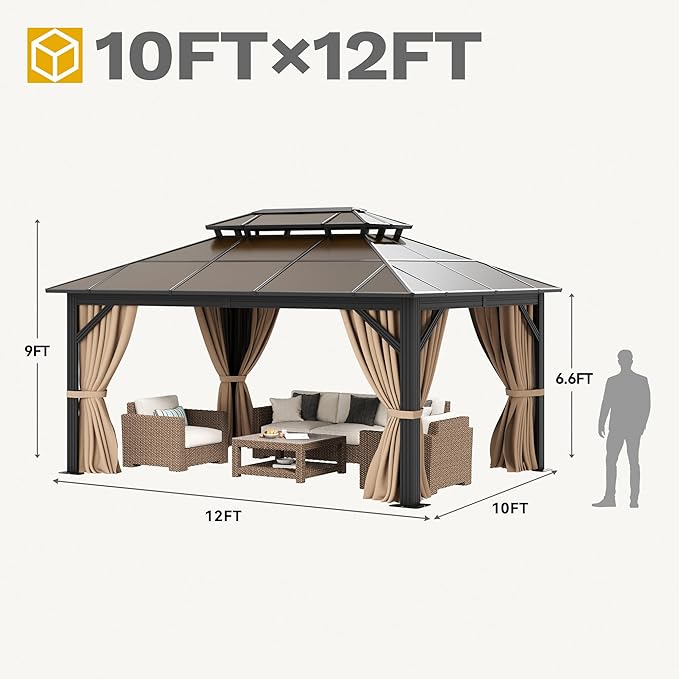 DWVO 10x12ft Hardtop Gazebo Double Roof Polycarbonate Canopy Outdoor with Netting and Shaded Curtains, Aluminum Frame Garden Tent for Patio, Backyard, Deck and Lawns, Brown