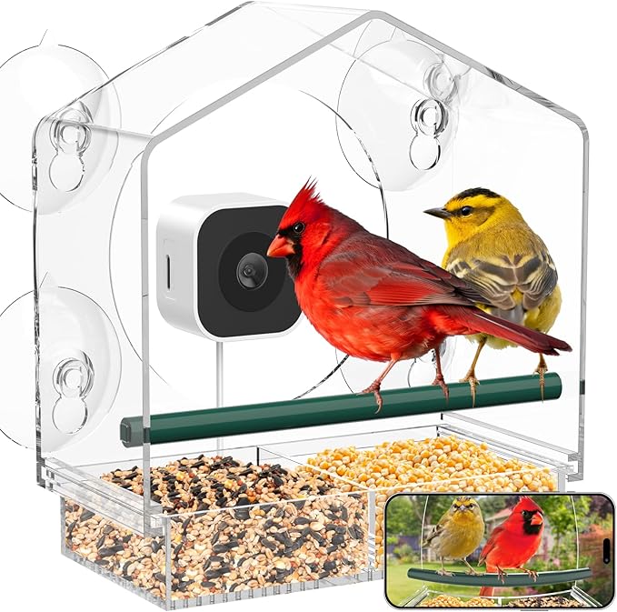 Svanur Window Bird Feeder with Camera,Wild Bird Feeders for Outdoors,AI Identify & Auto Capture Bird Feeder for Viewing,Strong Suction Cups,Real-Time Alerts,Ideal Gifts for Bird Lovers