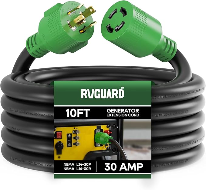 RVGUARD 4 Prong 30 Amp 10 Foot Generator Extension Cord, NEMA L14-30P/L14-30R, 125/250V Up to 7500W 10 Gauge SJTW Generator Cord, ETL Listed