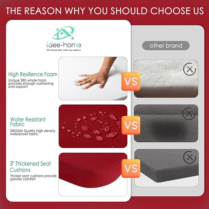 idee-home Outdoor Chair Cushions Set of 4, 19" x 19" x 3" Thick D-Shaped Patio Furniture Outdoor Seat Cushions Waterproof with Ties, Dining Pads
