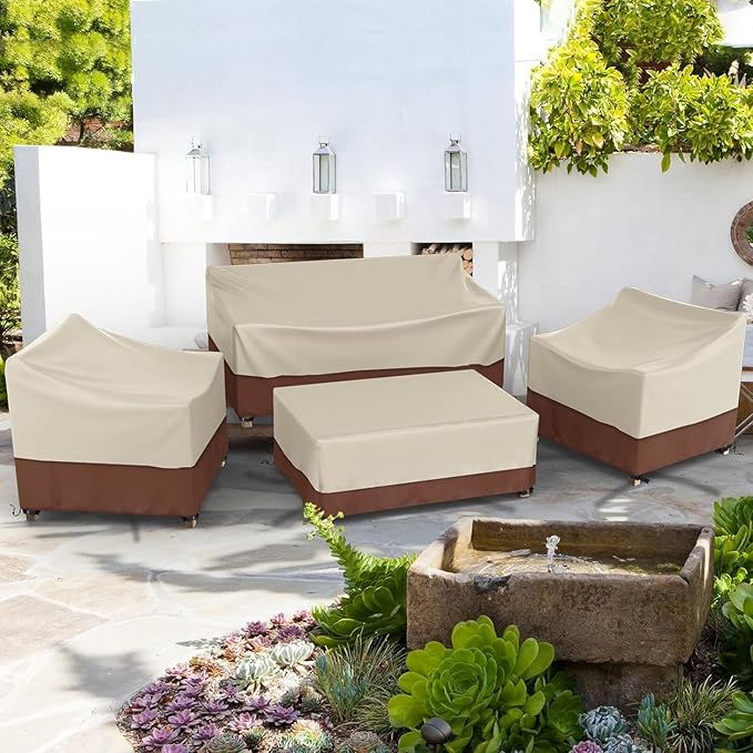 Gasadar Outdoor Furniture Cover Waterproof, Patio Furniture Set Covers for Patio Loveseat, Chair and Coffee Table, Beige & Brown