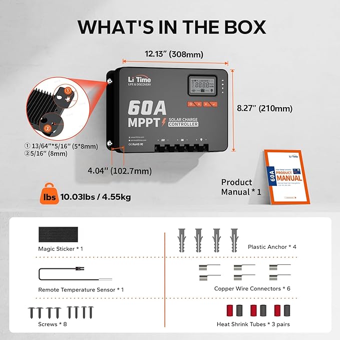 LiTime MPPT Solar Charge Controller (Bluetooth) - Solar Panel Regulator -150V, 60Amp, 12/24/36/48Volt for LiFePO4 and Lead-Acid Battery in Solar System