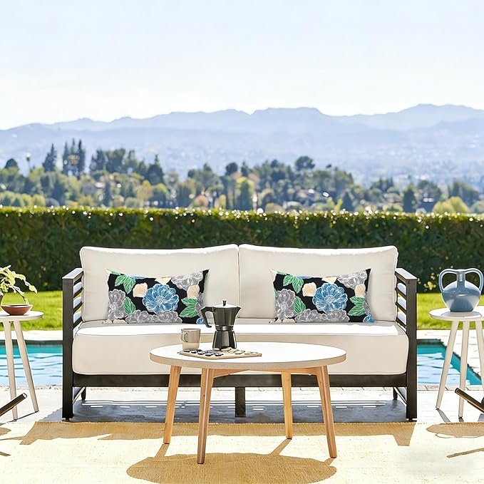 LVTLVTXIII 12×20 Inch Outdoor Lumbar Pillows, Pack of 2 Water Repellent Lumbar Pillow with Inserts, Fluffy Decorative Garden Lumbar Cushions for Home Patio Coach Sofa Use, Peony Garden