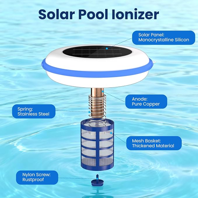 POOLPURE Solar Pool Ionizer, Copper Floating Cleaner, Use up to 85% Less Chlorine, Ideal Pool Cleaner for Above Ground, In-Ground Pools, Spas and Hot Tubs, Up to 35,000 Gal (White)