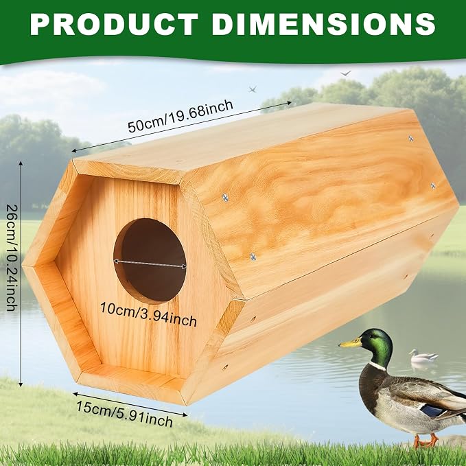 Mallard Nesting Box, Wood Duck House for Outdoor Hexagonal Large Duck House with Dual Entrances for Ponds, Wetlands, Backyards 19.7 X 10.2 X 10.2 Inches
