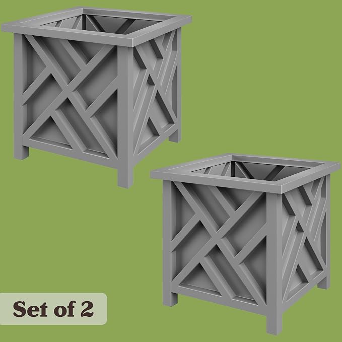 Lattice Design Outdoor Planter Box 2-Pack - 15.5” Square 16.5” Tall Gray Decorative Plant Pots for Front Porch Decor - Flower Pots Outdoor Planters for Porch Patio or Garden Decor by Pure Garden