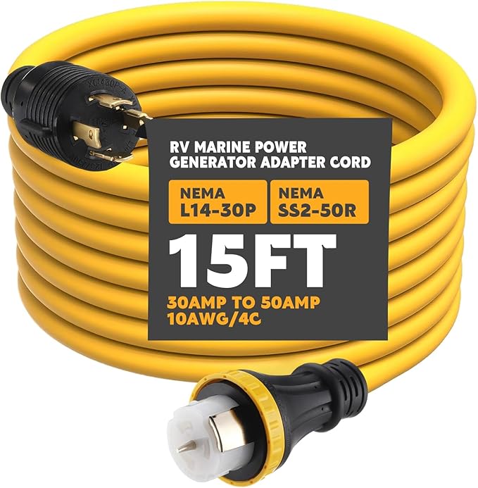 Tellegloww 15FT NEMA L14-30P to SS2-50R RV Marine Power Generator Adapter Cord, 30A 4 Prong Locking Generator L14-30P Male to 50A Marine Shore Power SS2-50R Female with Locking Ring 125V/250V