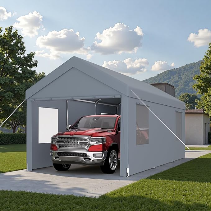 10x20FT Canopy, Outdoor Portable Garage with 2 Roll-Up Doors & 4 Ventilated Windows, Patio Camping Heavy Duty Car Port Canopy with PE Cover, Ground Pegs & Steel Cables, Easy Assembly, Grey
