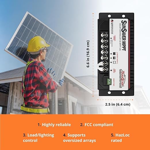 Morningstar SunSaver 15A MPPT Solar Charge Controller SS-MPPT-15L - Solar Panel Regulator, Supports 12/24V LA/Li Batteries. Load/Lighting Ctrl, HazLoc Rated, Low Noise, 5 Yr. WTY - Designed in the USA
