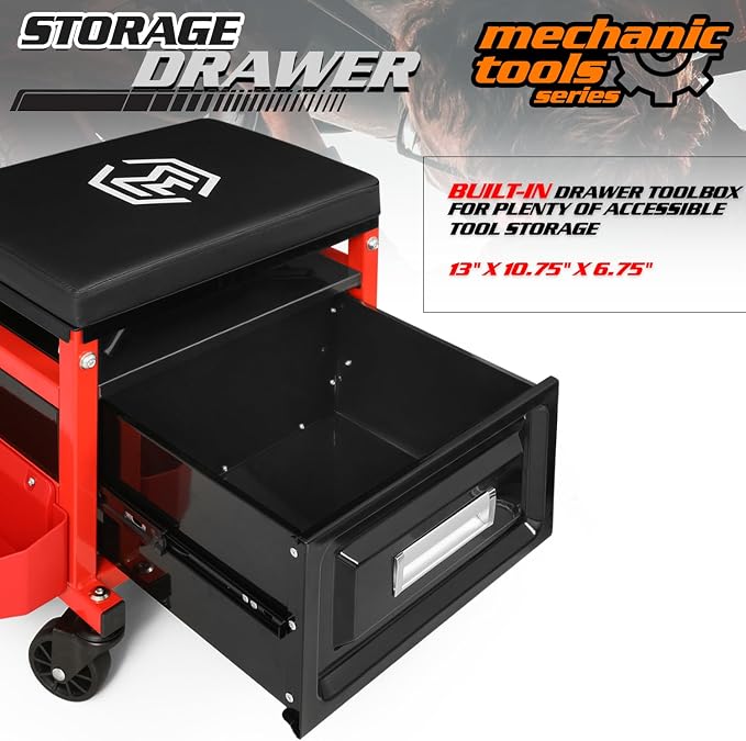 M-AUTO Mechanic Stool Garage Rolling Tool Chest Seat w/Drawer & Tray, 350LBS Capacity Multi-Function Adjustable Height Mechanic Creeper Seat for Projects Inside The Garage and Workshop, Red