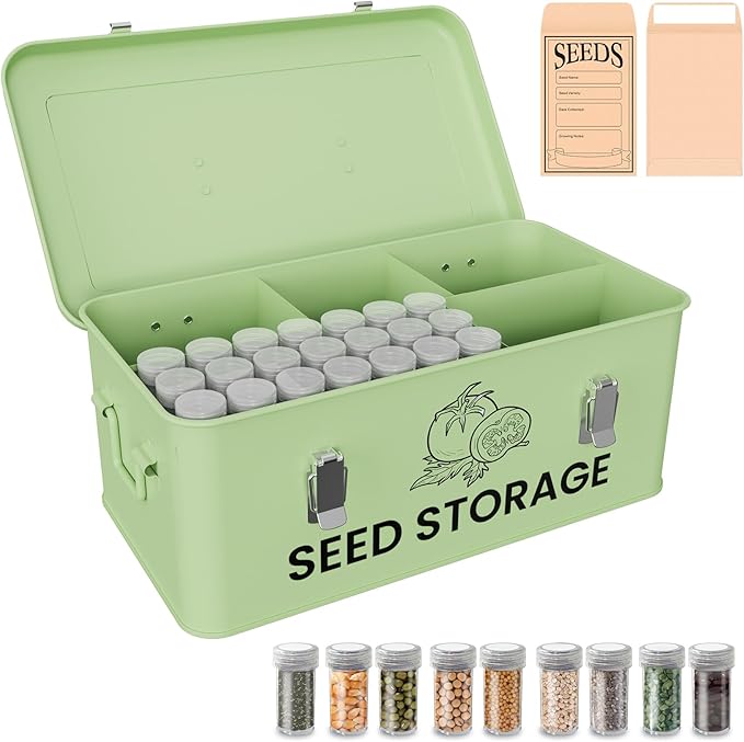 Seed Storage Organizer Box, Metal Seed Box, Garden Seed Organizer with Lid, Seed Containers Storage with 5 Compartments, 30 Seed Holder Organizers, 100pcs Seed Envelopes (Green)