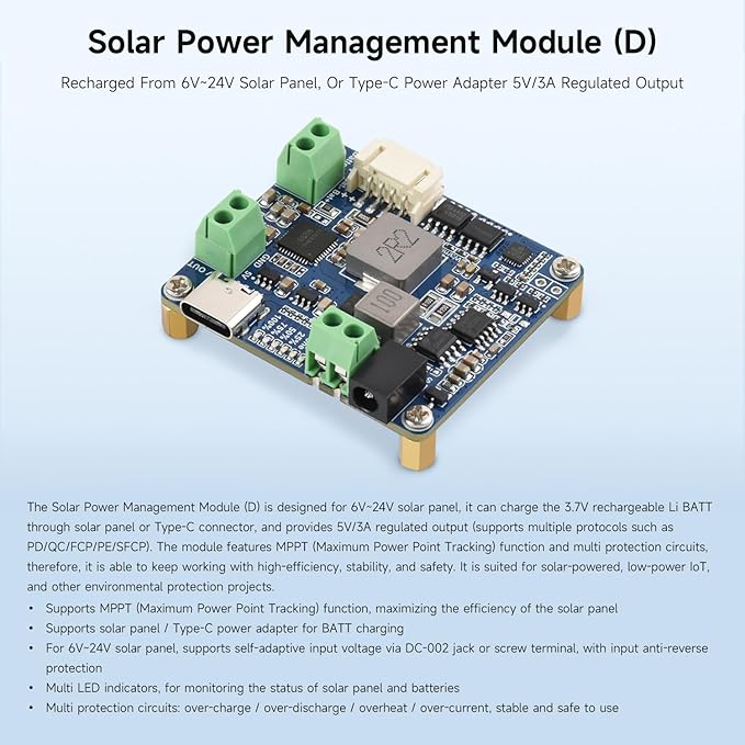 Waveshare Solar Power Manager Module (D), Solar Charge Controller USB, Supports 6V~24V Solar Panel and Type-C Power Adapter, 5V/3A Regulated Output, with Battery Holder (Batteries are Not Included)