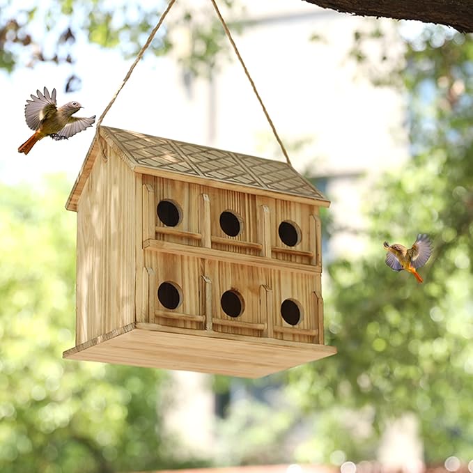 Bird Houses for Outside,12 Hole Bird House Room for 12 Bird Families - Large Wooden Outdoor Birdhouse Hanging for Bluebirds Hummingbirds Garden Decor