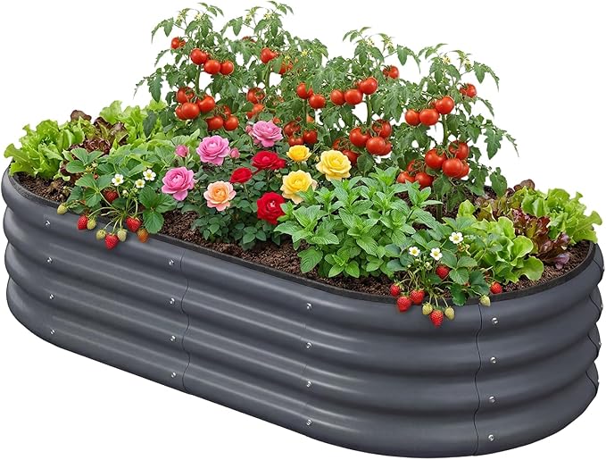 4x2x1 FT Oval Metal Raised Garden Bed, Elevated Garden Planter Box Outdoor, Trough Planter for Outdoor Plants, Flower, Vegetables, Fruit, Herbs (Dark Gray, 1PC)