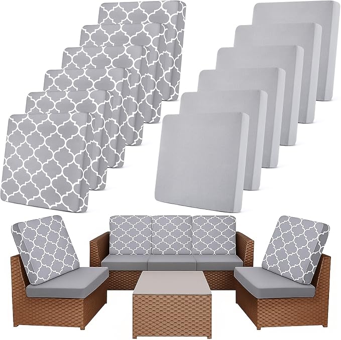 Newwiee 12 Pcs Patio Cushion Covers Outdoor Stretch Sofa Couch Cover Replacement Couch Slipcover Sofa Seat Chair Porch Patio Furniture Protector, Flexibility Washable(Light Gray,Moroccan and Solid)