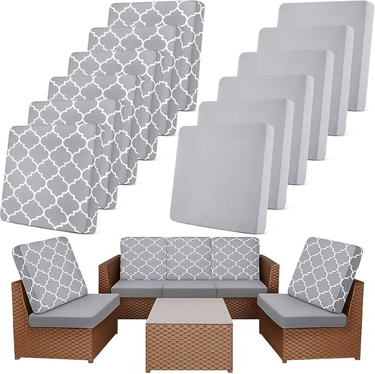 Newwiee 12 Pcs Patio Cushion Covers Outdoor Stretch Sofa Couch Cover Replacement Couch Slipcover Sofa Seat Chair Porch Patio Furniture Protector, Flexibility Washable(Light Gray,Moroccan and Solid)